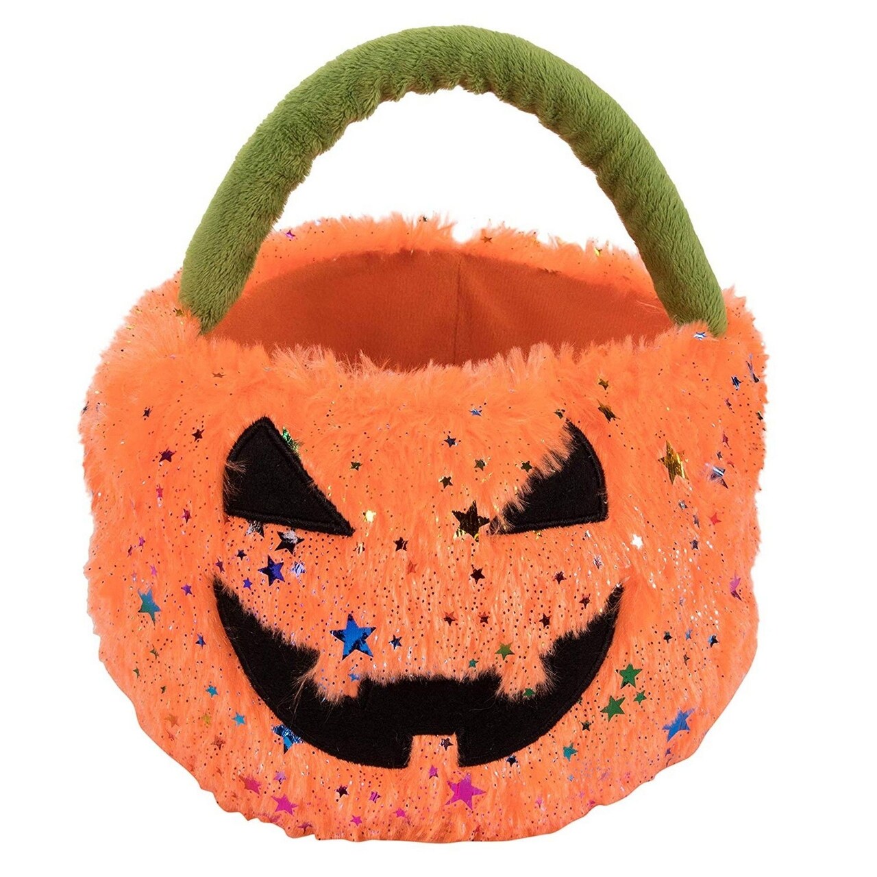 Plush Jack-O-Lantern Trick or Treat Basket for Halloween, Pumpkin Bucket for Candy (Orange, 13.8 x 12.2 inches)